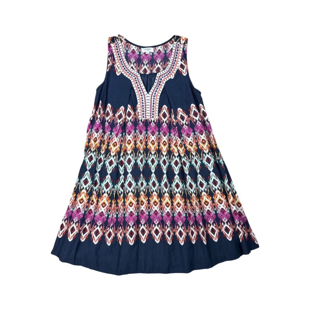 Umgee Sleeveless Boho Geometric Pattern V-Neck Dress Navy Small Embroidery